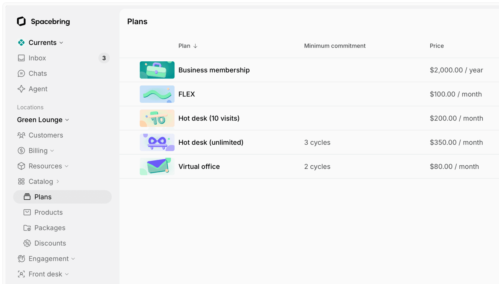 Membership plans with cover photos in the plans list of the admin web portal