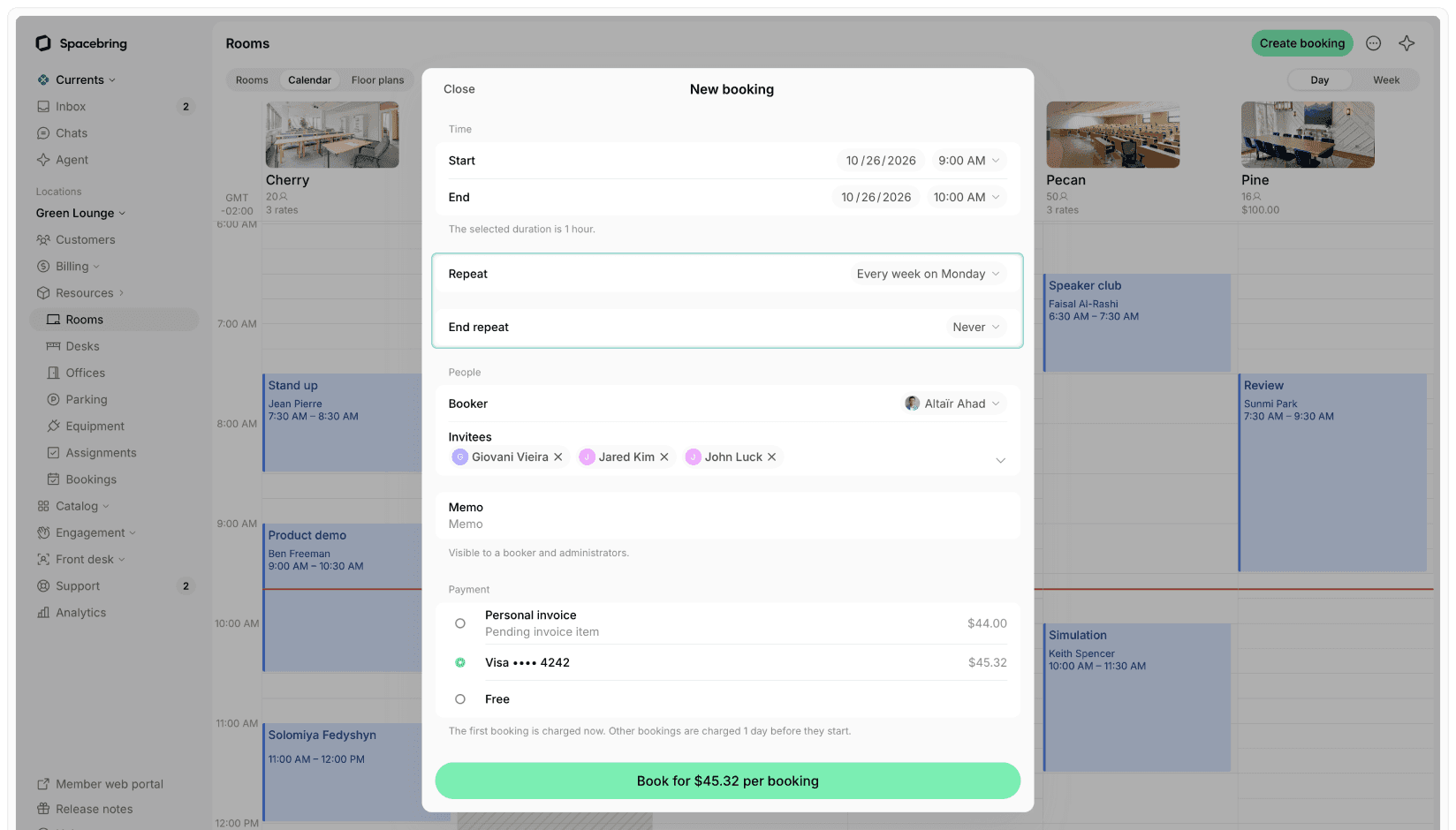 A paid recurring booking in the admin web portal, with its repeat schedule and payment method