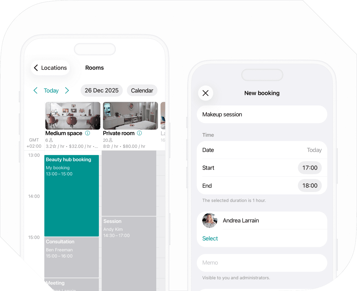 Booking rooms and equipped stations in a beauty coworking space