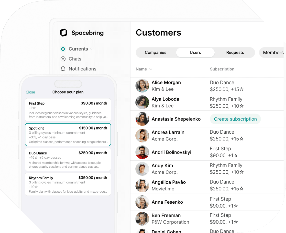 Memberships in Spacebring dance studio management software