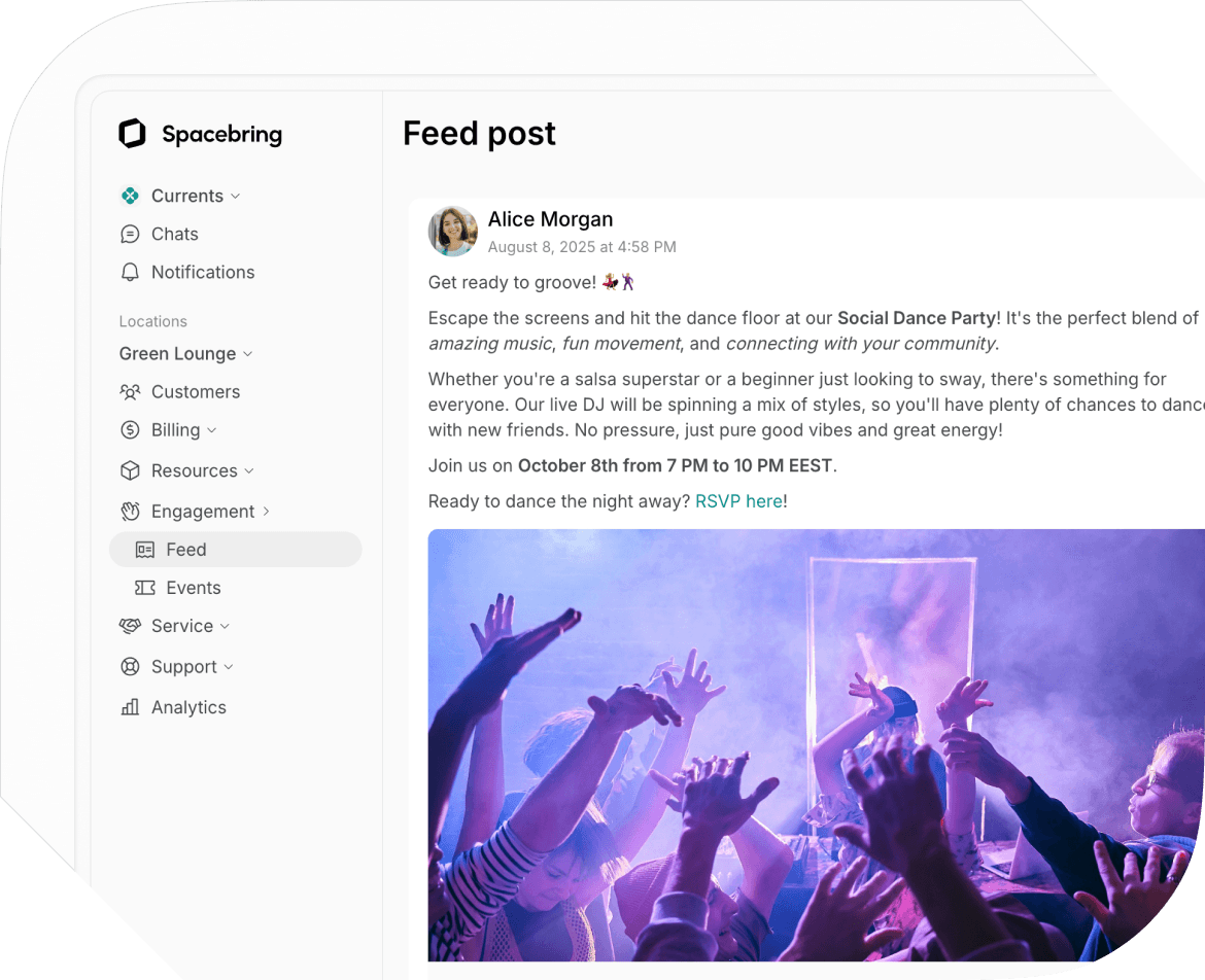 Community feed in Spacebring dance studio management software
