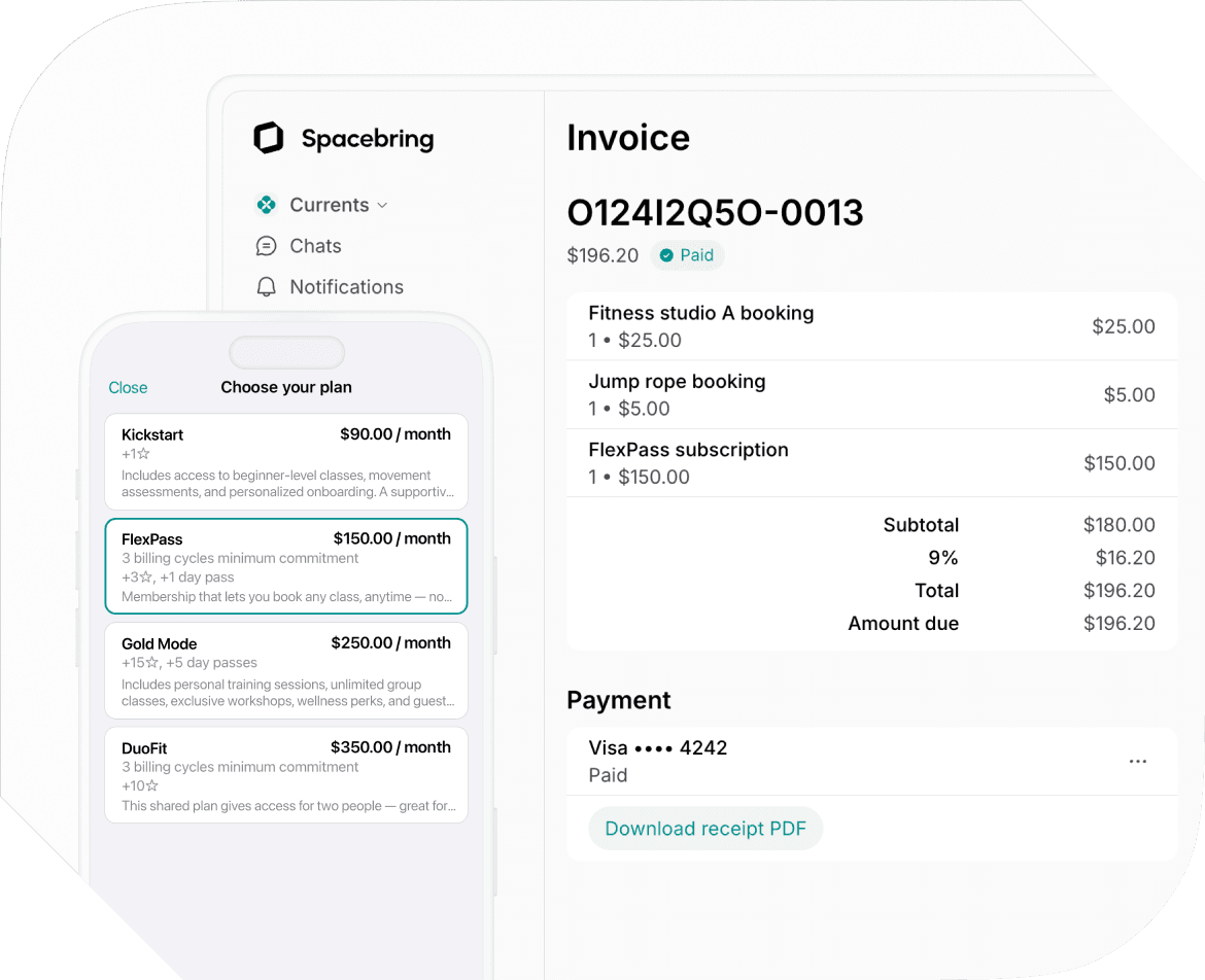 Invoicing and memberships in Spacebring fitness studio management software