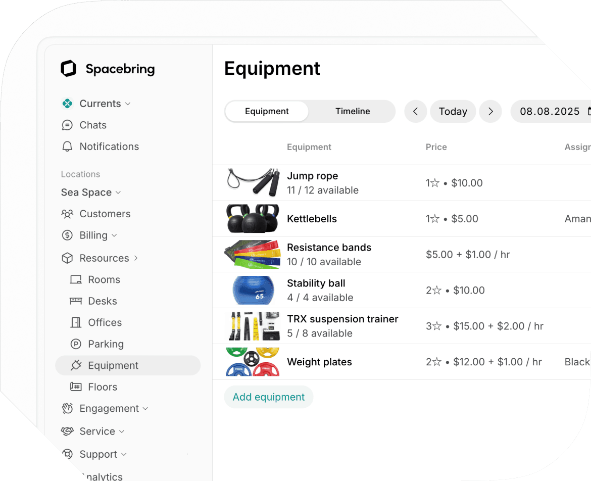 Equipment rental in Spacebring fitness studio management software