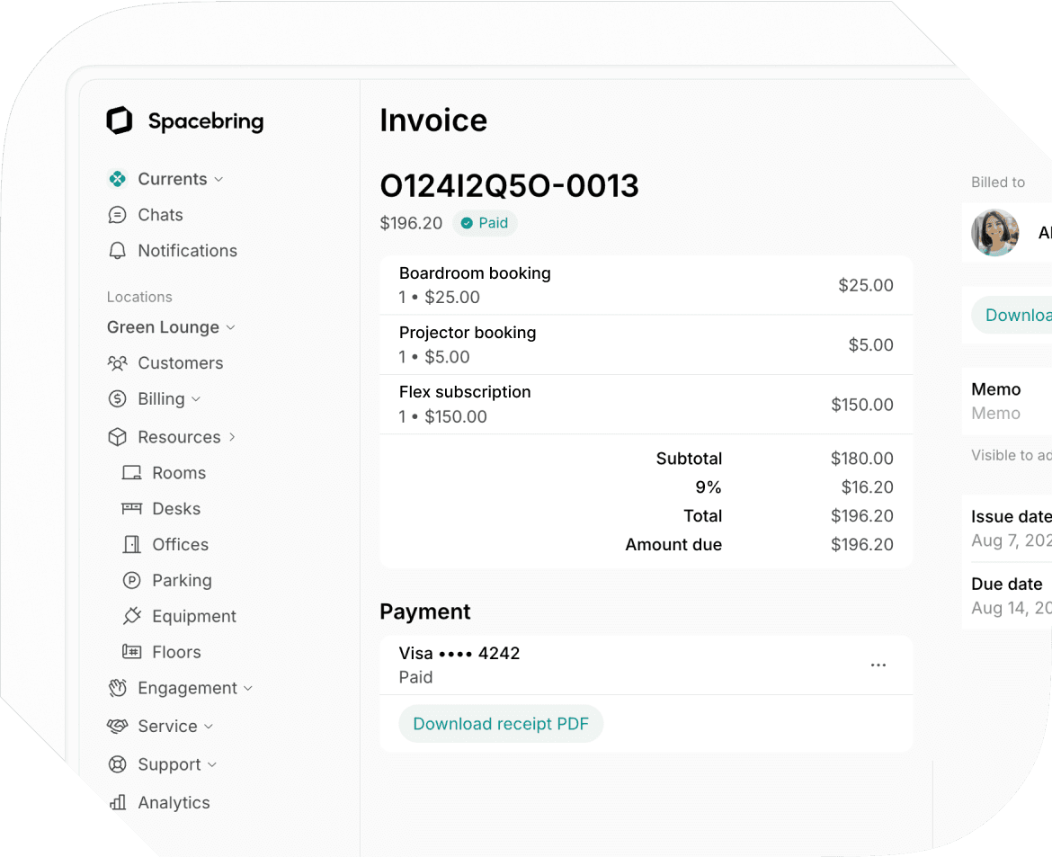 Invoicing and subscriptions in flex space management software