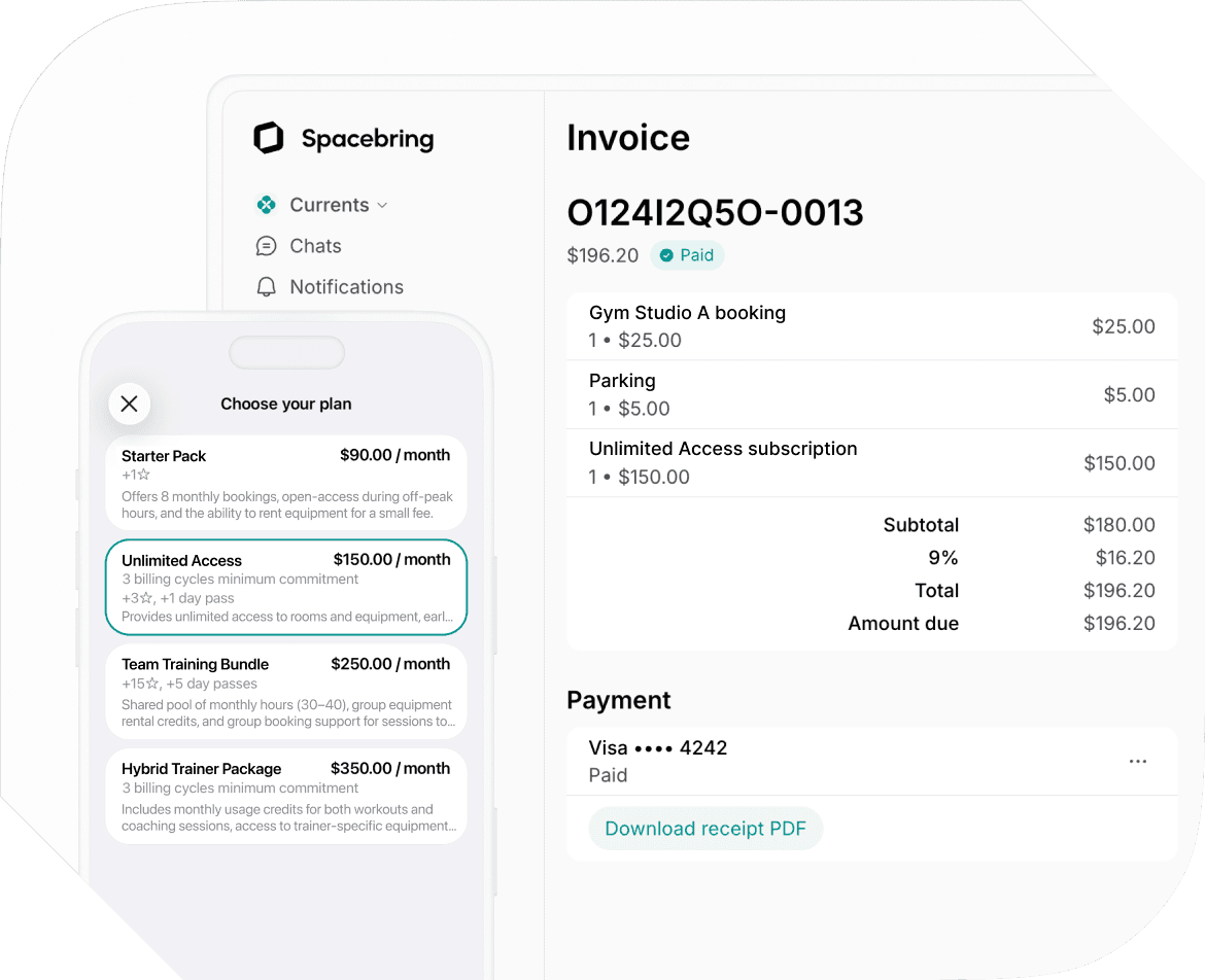 Invoicing and memberships in Spacebring fitness studio management software