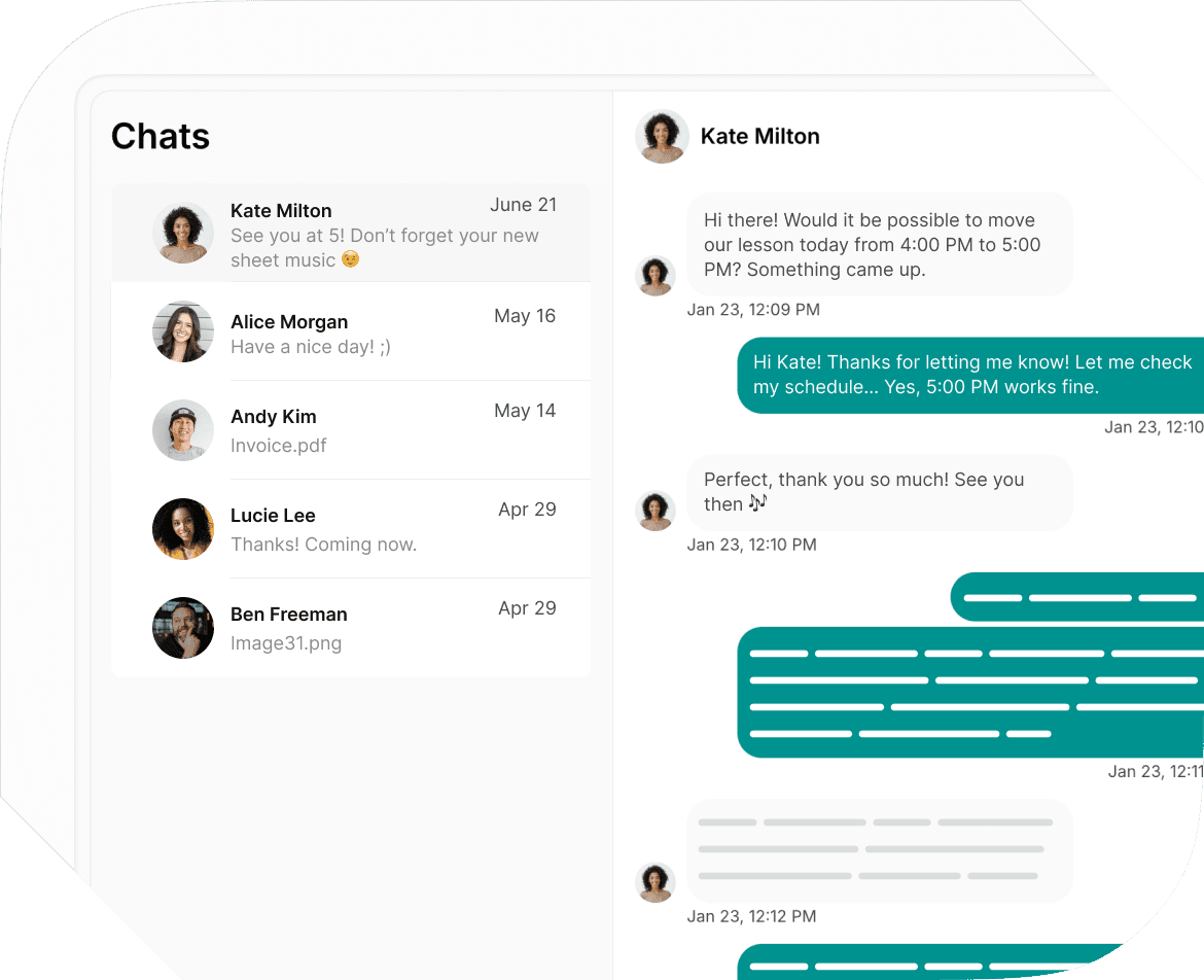 Chats in Spacebring music school management software