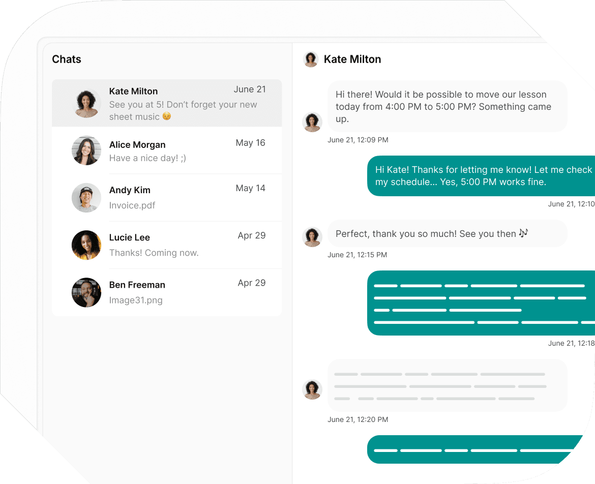 Chats in Spacebring music school management software