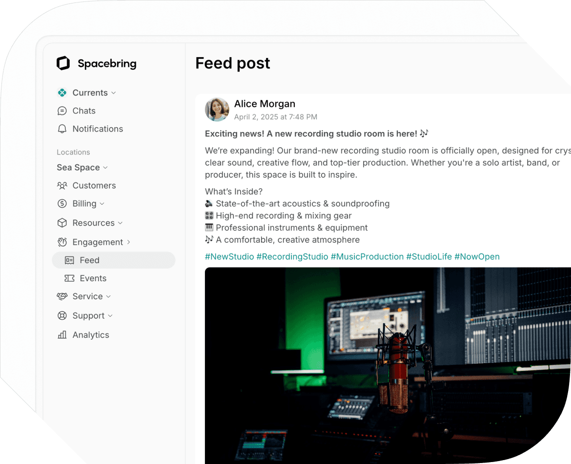 Community engagement platform for recording, rehearsal and podcasting studios