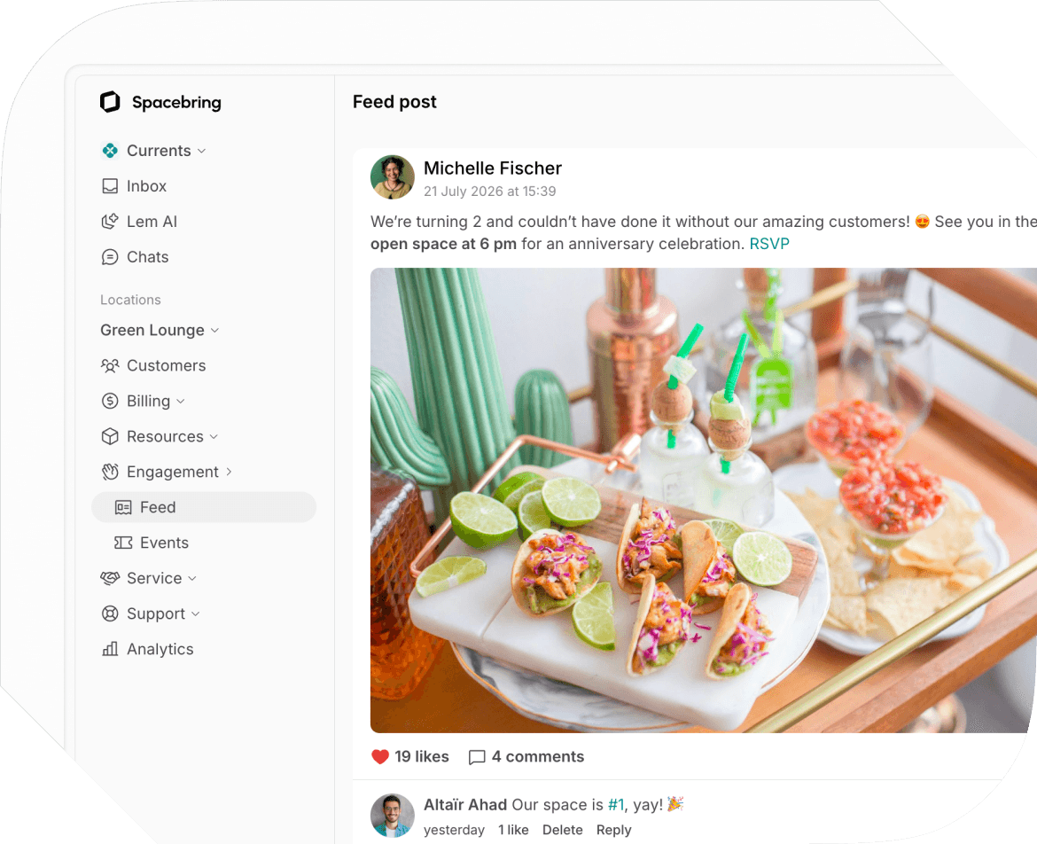 Community building tools for shared kitchens in Spacebring Coworking management software