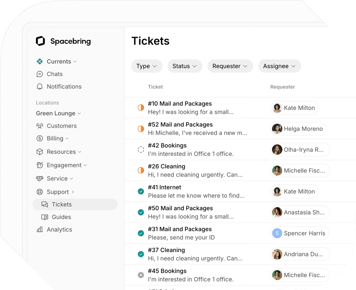 Support in Spacebring virtual office management software
